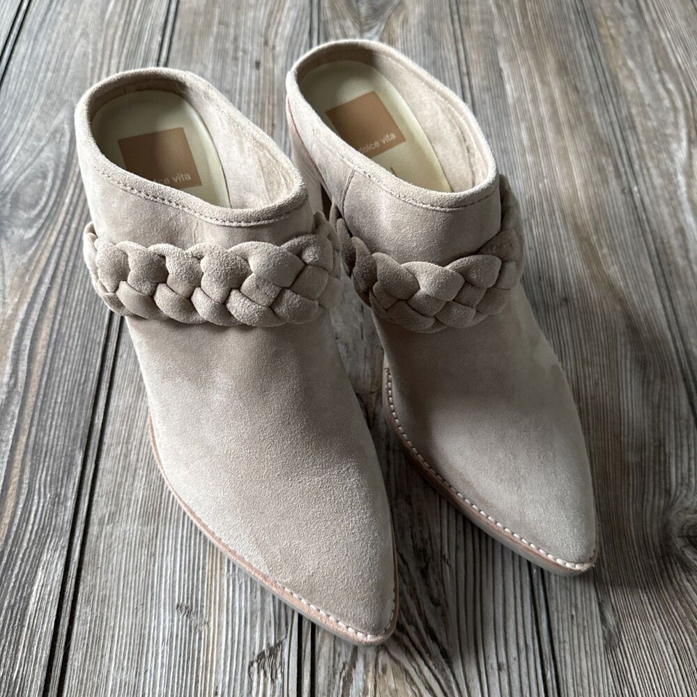 Dolce Vita Truffle Suede Braided Tan Mule Block Heel Pointed Toe Size 7.5